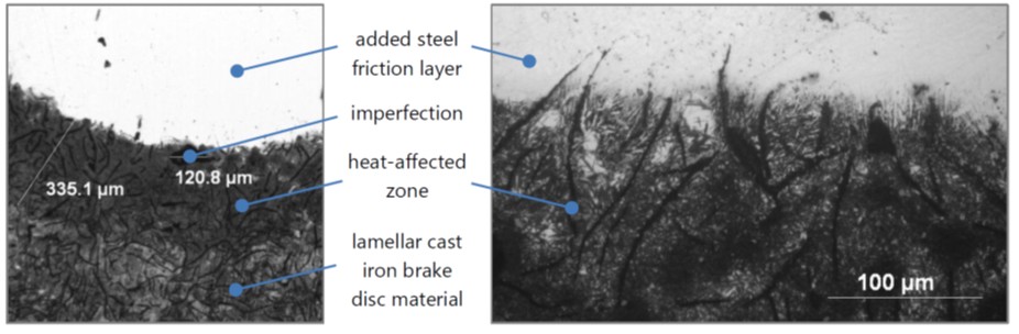 Additiv gefertigte Schicht aus verschleißfestem Stahl (oben) und lamellarem Grauguss (unten)
